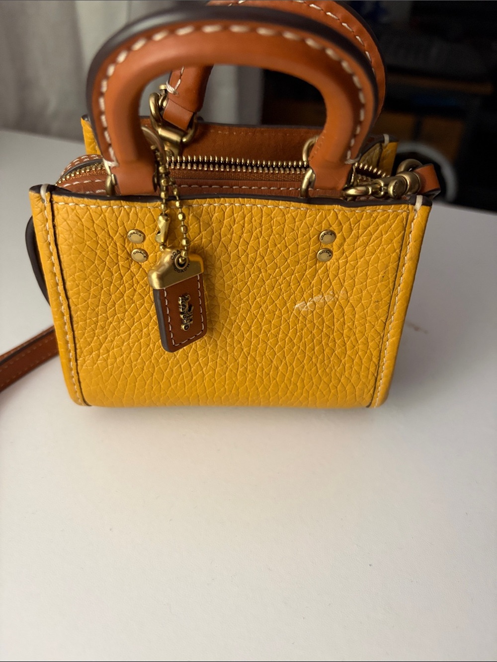 Coach Mini Pebbled Leather Satchel in Yellow and Tan